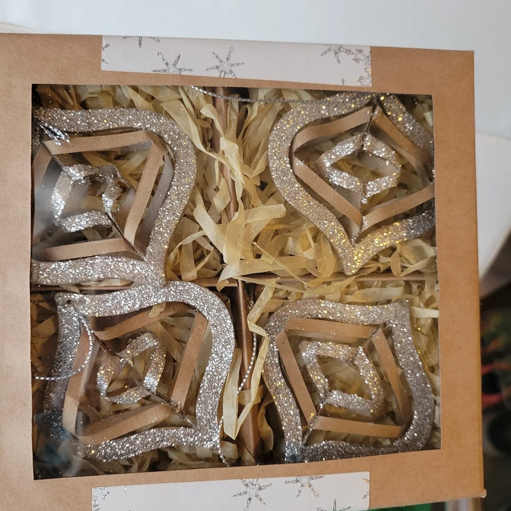West Elm Kraft & Glitter Snowflake Ornaments (4) in Nested Box ~ VGUC
